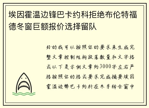 埃因霍温边锋巴卡约科拒绝布伦特福德冬窗巨额报价选择留队